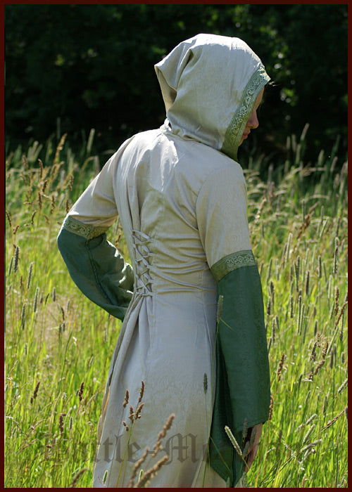 Mittelalterliches Kleid mit Kapuze und Brokat in rot/natur, rot/schwarz oder grün/natur