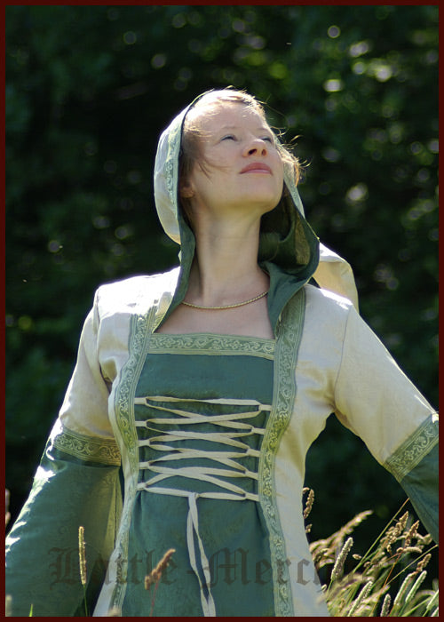 Mittelalterliches Kleid mit Kapuze und Brokat in rot/natur, rot/schwarz oder grün/natur