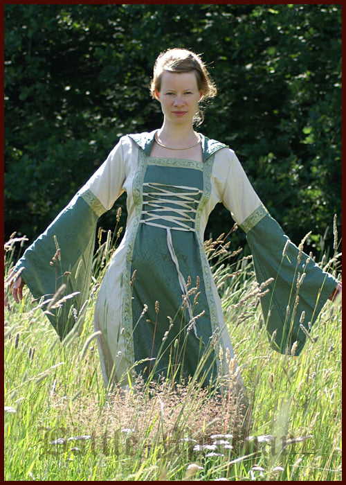 Mittelalterliches Kleid mit Kapuze und Brokat in rot/natur, rot/schwarz oder grün/natur