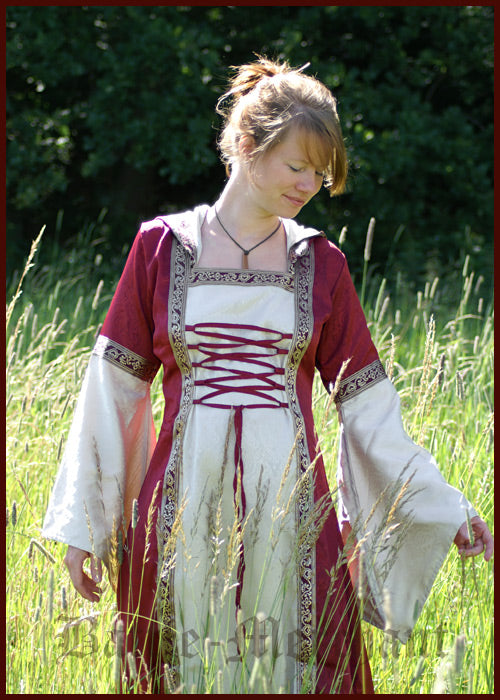 Mittelalterliches Kleid mit Kapuze und Brokat in rot/natur, rot/schwarz oder grün/natur