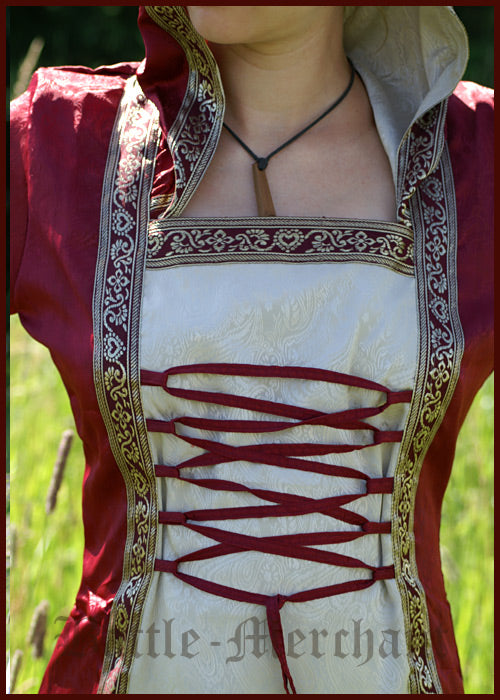 Mittelalterliches Kleid mit Kapuze und Brokat in rot/natur, rot/schwarz oder grün/natur