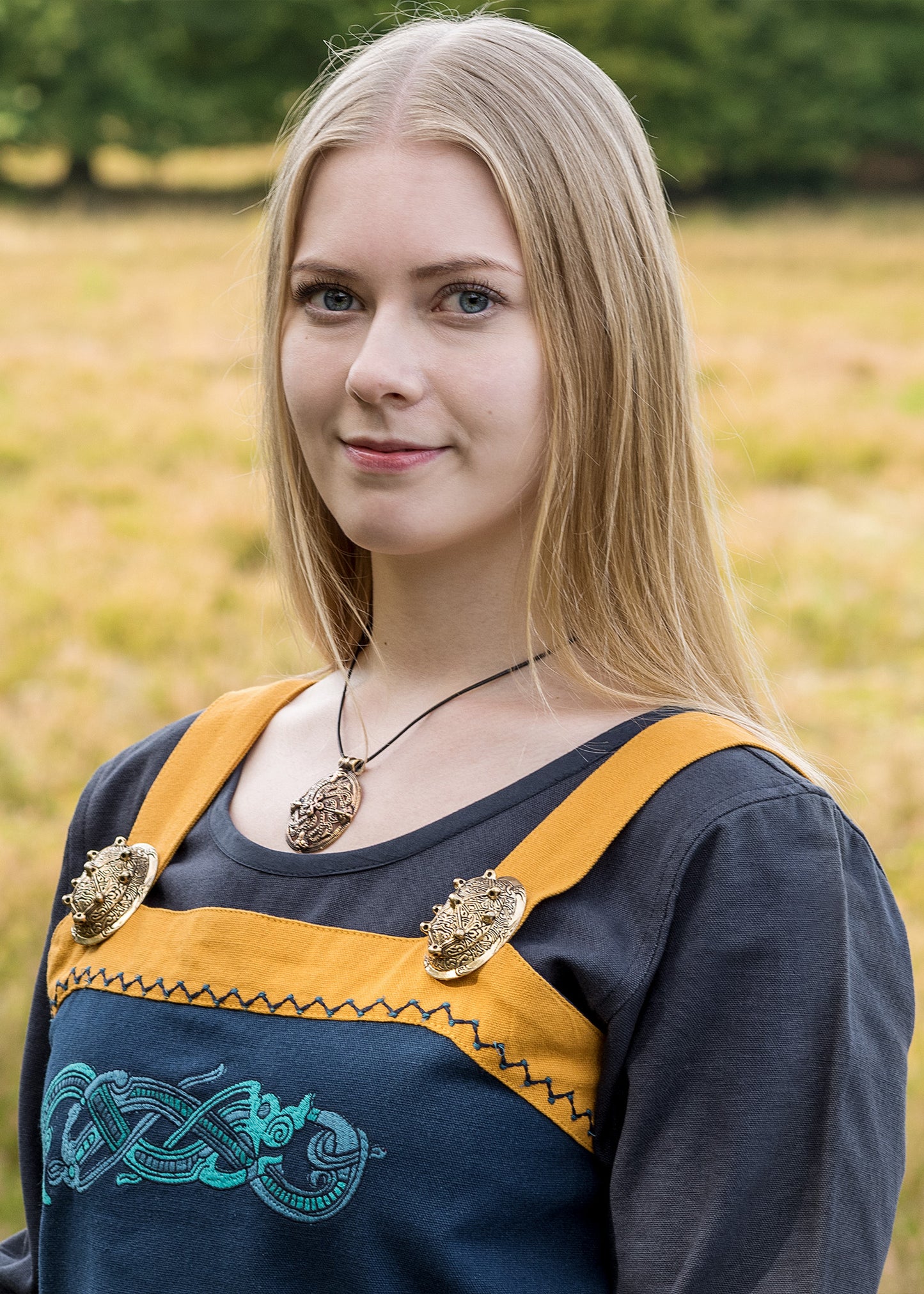 Wikinger Trägerkleid / Schürzenkleid mit Stickerei, blau/senfgelb