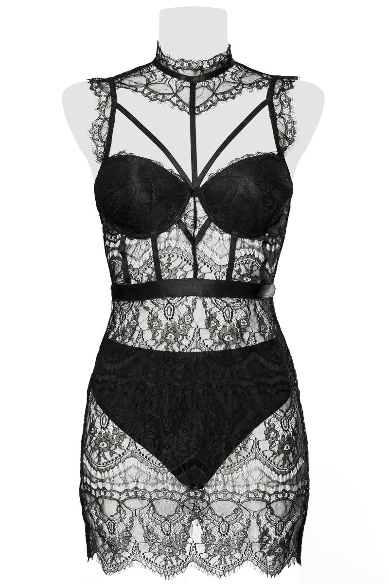 schwarzes Spitzen Negligé 15310 von Grey Velvet S- XL