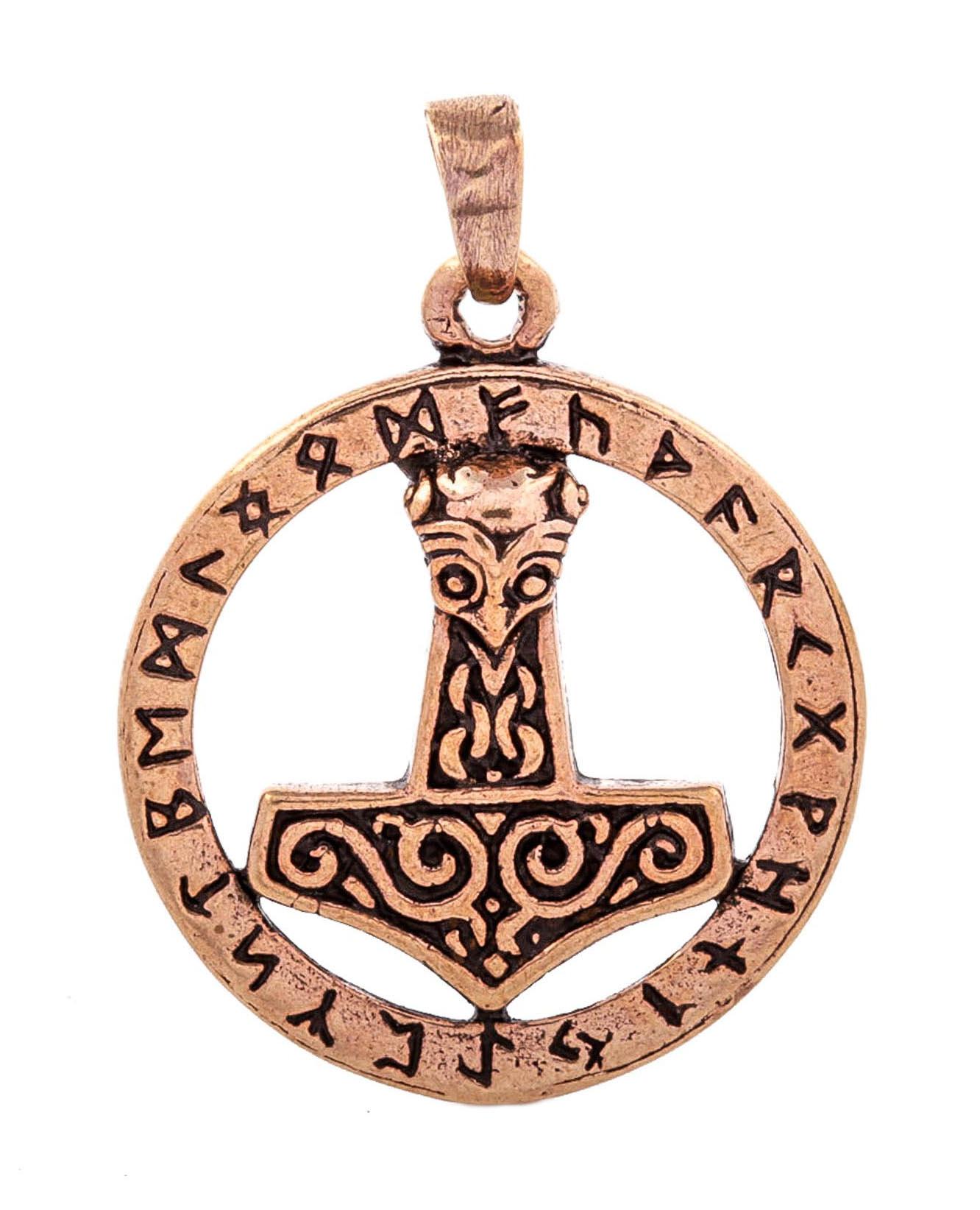 Thorshammer Amulett mit Runen aus Bronze