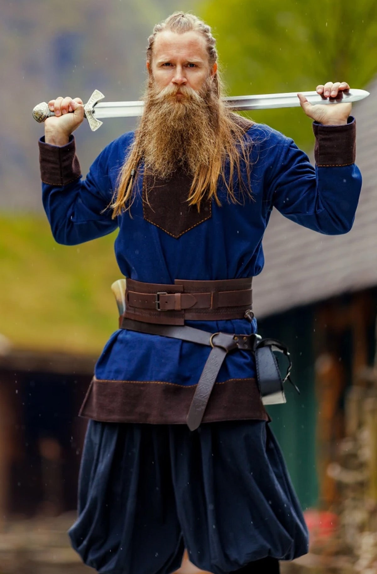 Wikinger Tunika aus Wolle Dunkelblau / braun