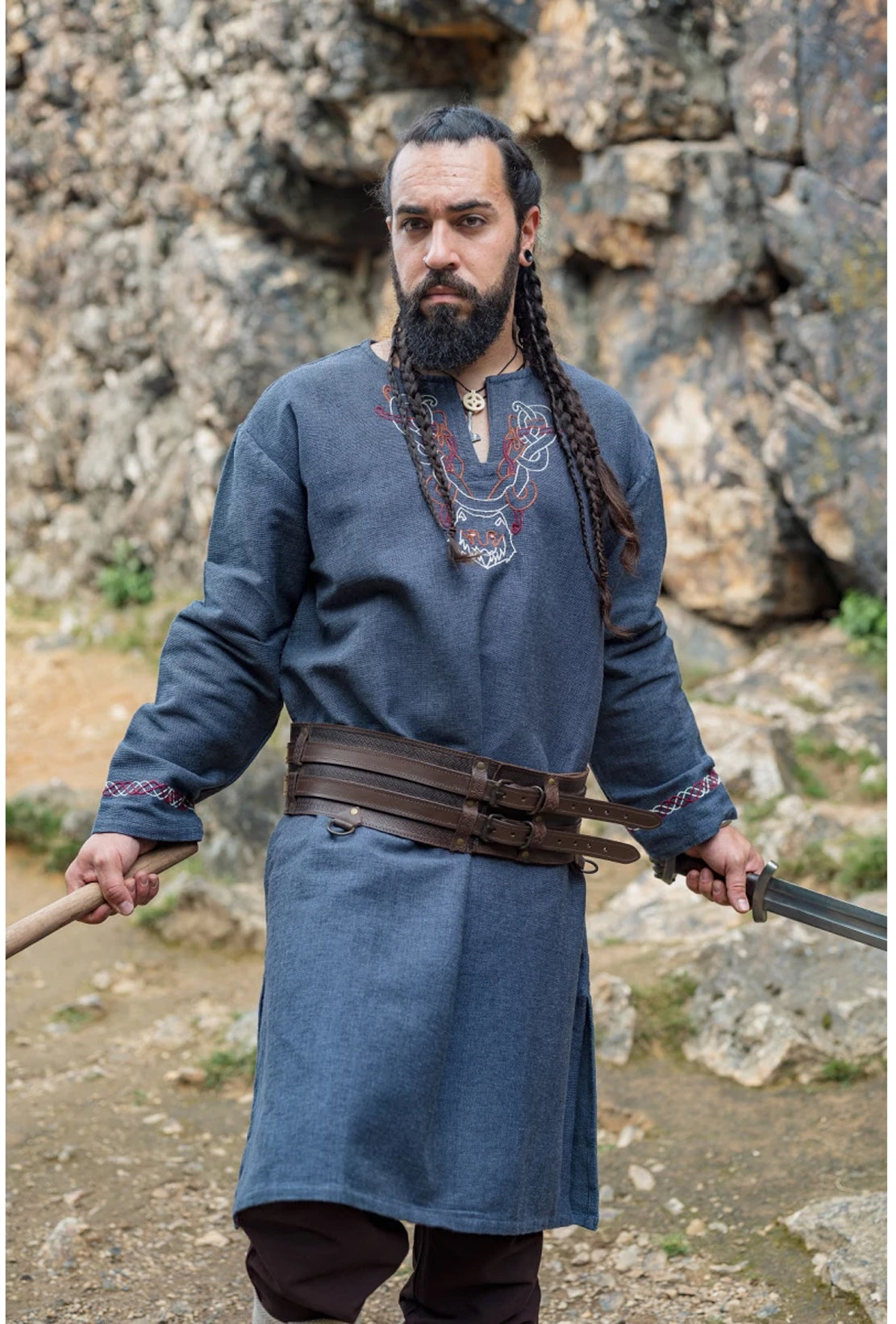 Wikingertunika mit Handstickerei blaugrau
