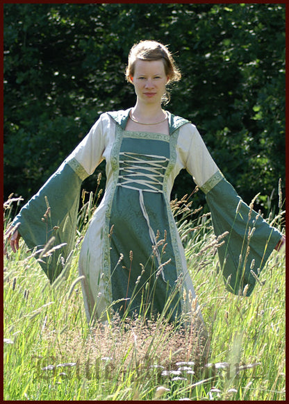 Mittelalterliches Kleid mit Kapuze und Brokat in rot/natur, rot/schwarz oder grün/natur