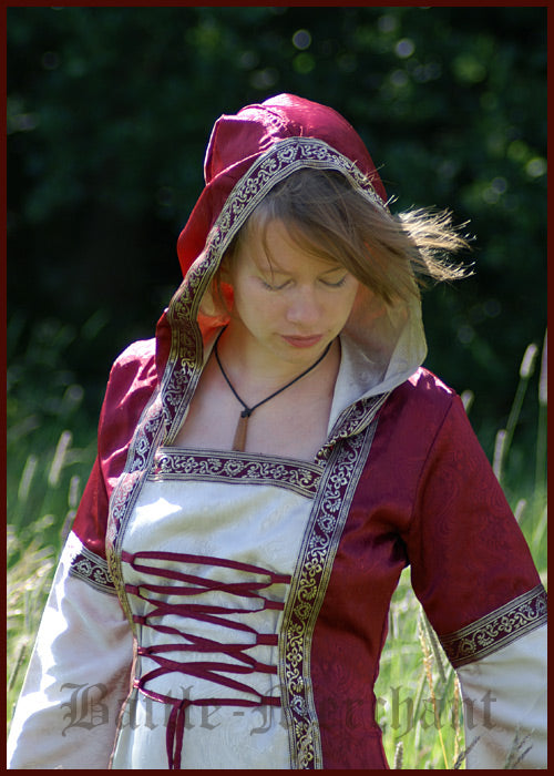 Mittelalterliches Kleid mit Kapuze und Brokat in rot/natur, rot/schwarz oder grün/natur