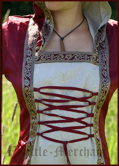 Mittelalterliches Kleid mit Kapuze und Brokat in rot/natur, rot/schwarz oder grün/natur