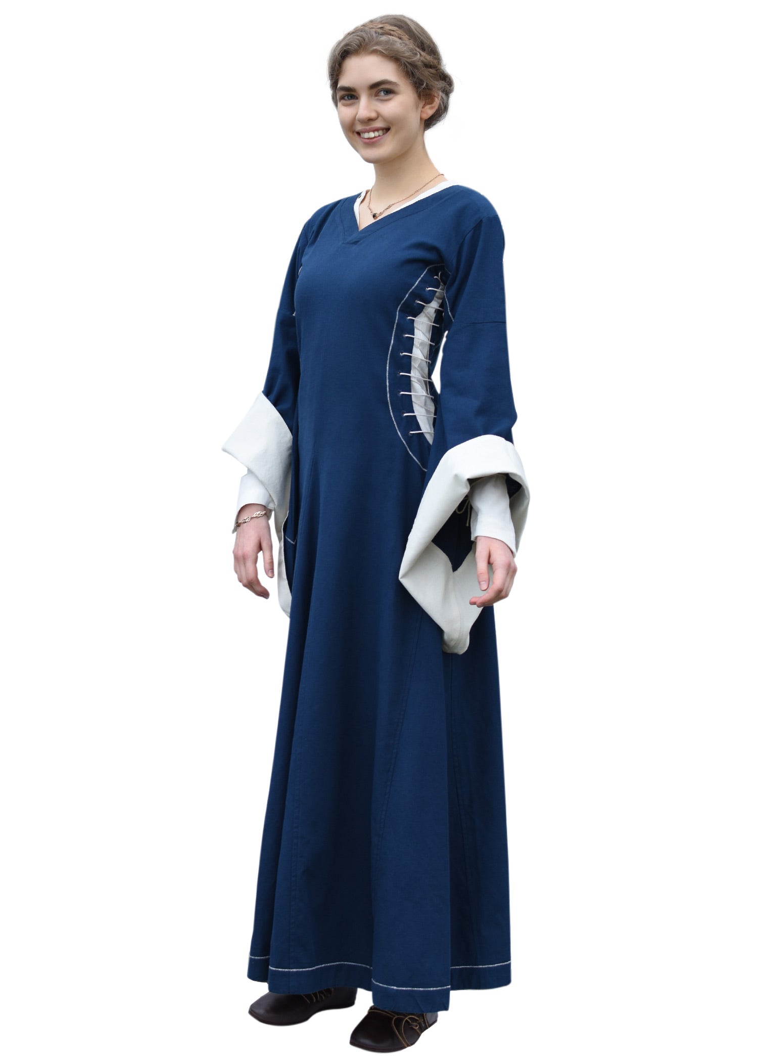 Mittelalterkleid mit Höllenfenstern blau/natur