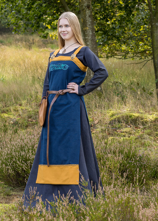Wikinger Trägerkleid / Schürzenkleid  mit Stickerei, blau/senfgelb