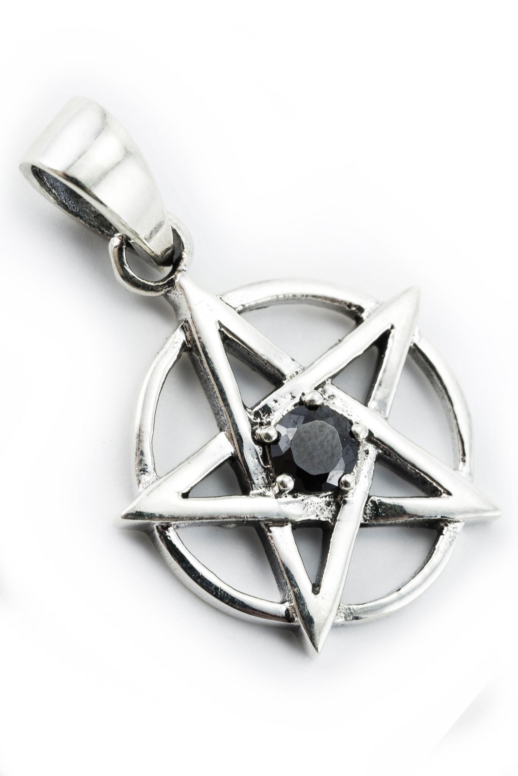 Pentagramm aus  Silber mit schwarzem Kristall Anhänger 1,8cm