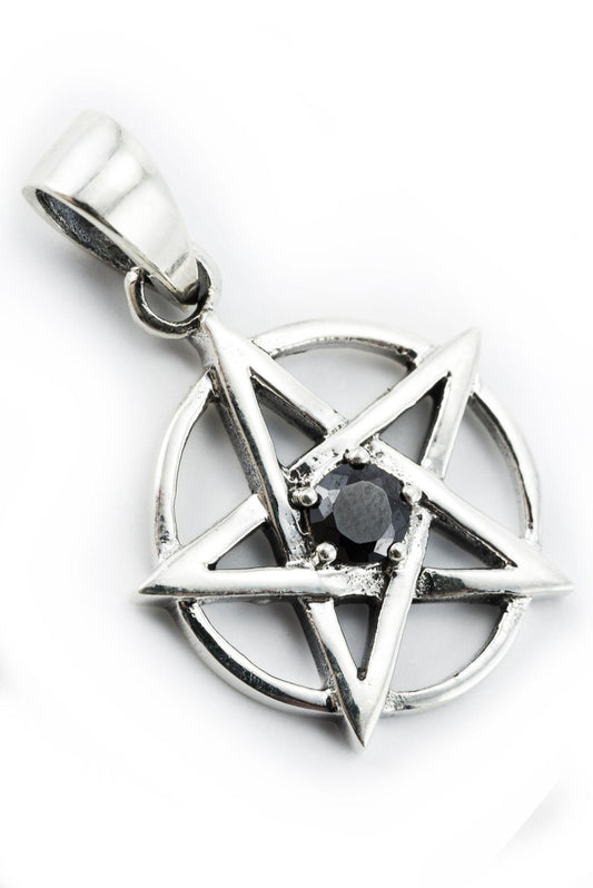 Pentagramm aus  Silber mit schwarzem Kristall Anhänger 1,8cm