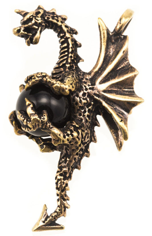 Glücksdrache aus Bronze mit schwarzer Kugel