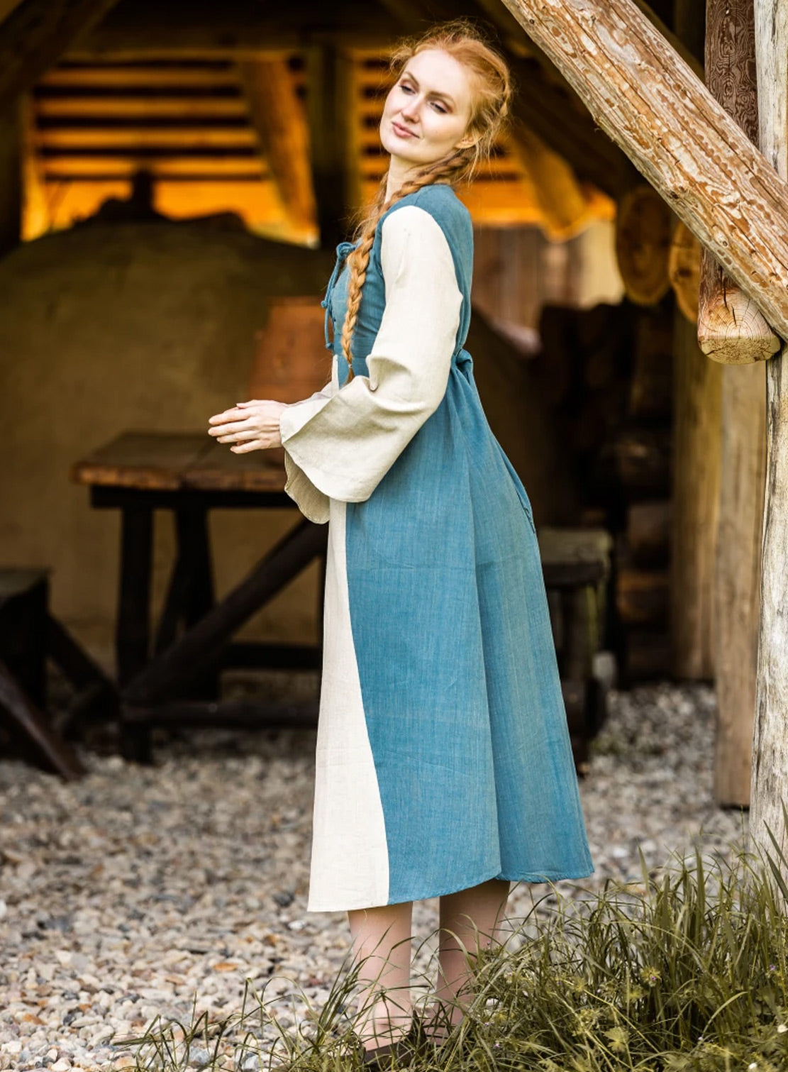 Mittelalterkleid Taubenblau/Natur