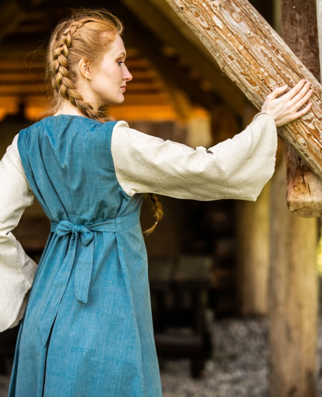 Mittelalterkleid Taubenblau/Natur