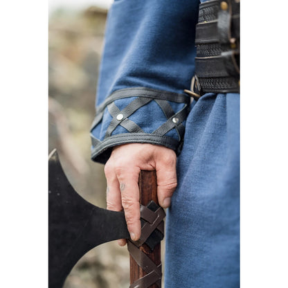 Wikinger Tunika mit aufwändigen Lederapplikationen in Dunkelblau