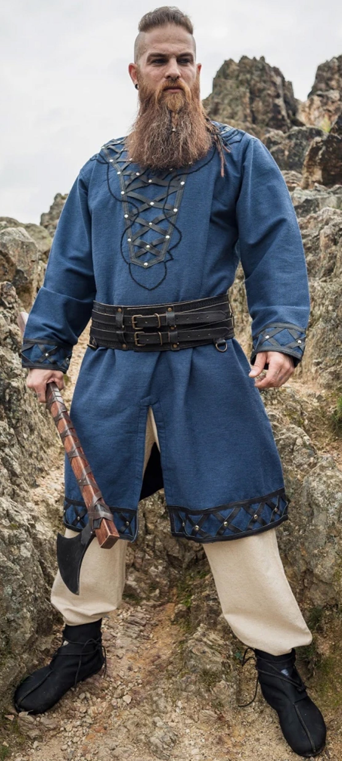 Wikinger Tunika mit aufwändigen Lederapplikationen in Dunkelblau