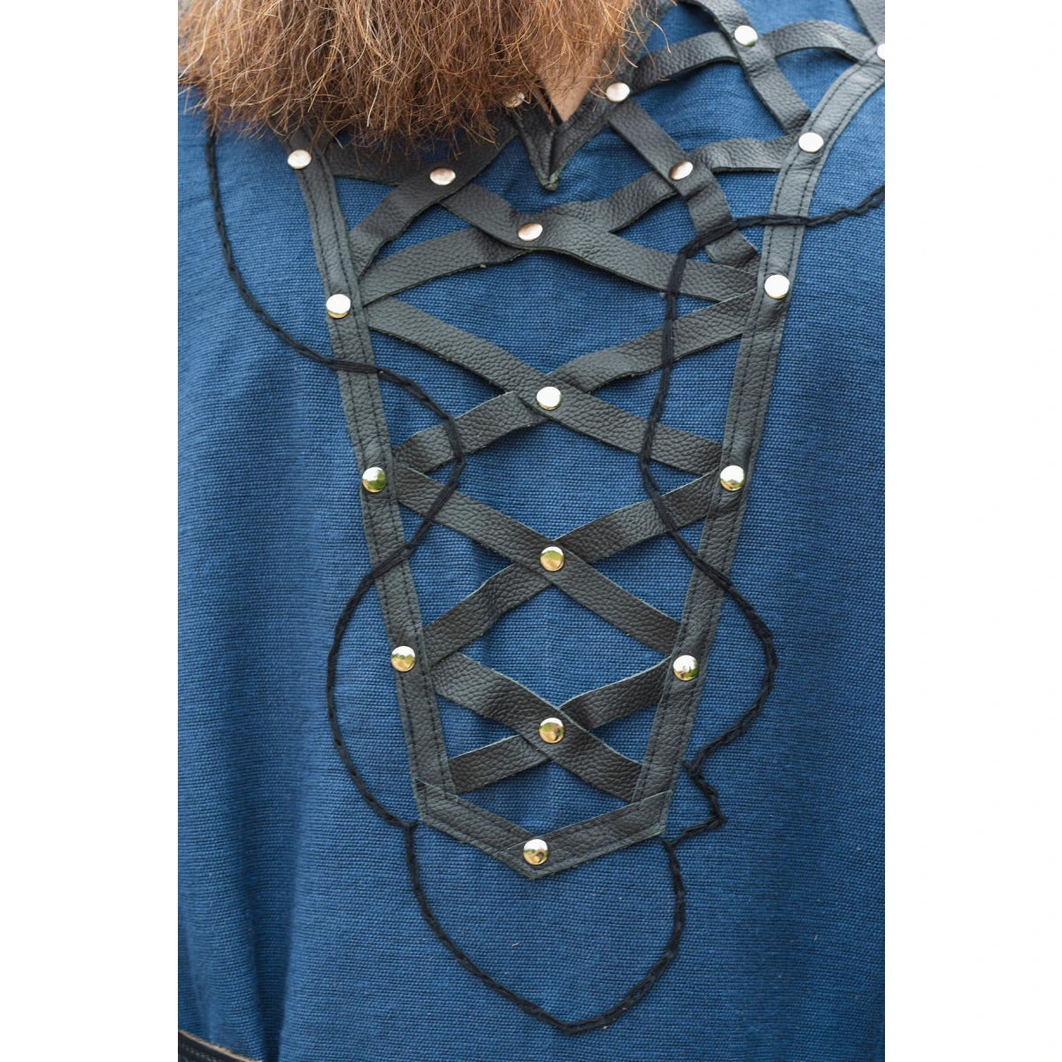 Wikinger Tunika mit aufwändigen Lederapplikationen in Dunkelblau