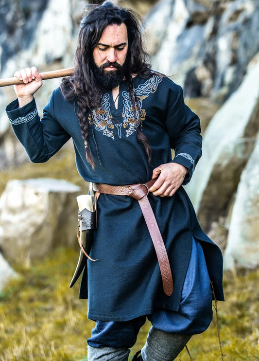 SALE! Wikinger Tunika mit Handstickerei Urnes-Stil Schwarz Gr.L