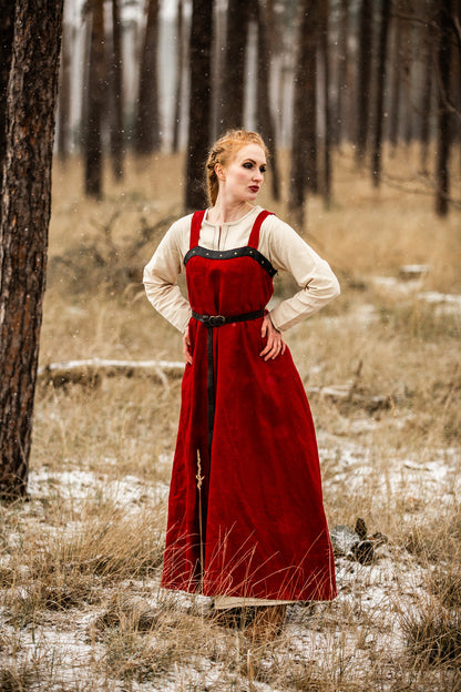 Wikinger Leinen-Überkleid – Rot | Lederapplikationen & Rückenschnürung