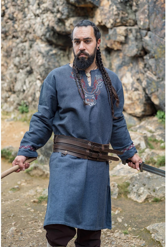 Wikingertunika mit Handstickerei  blaugrau